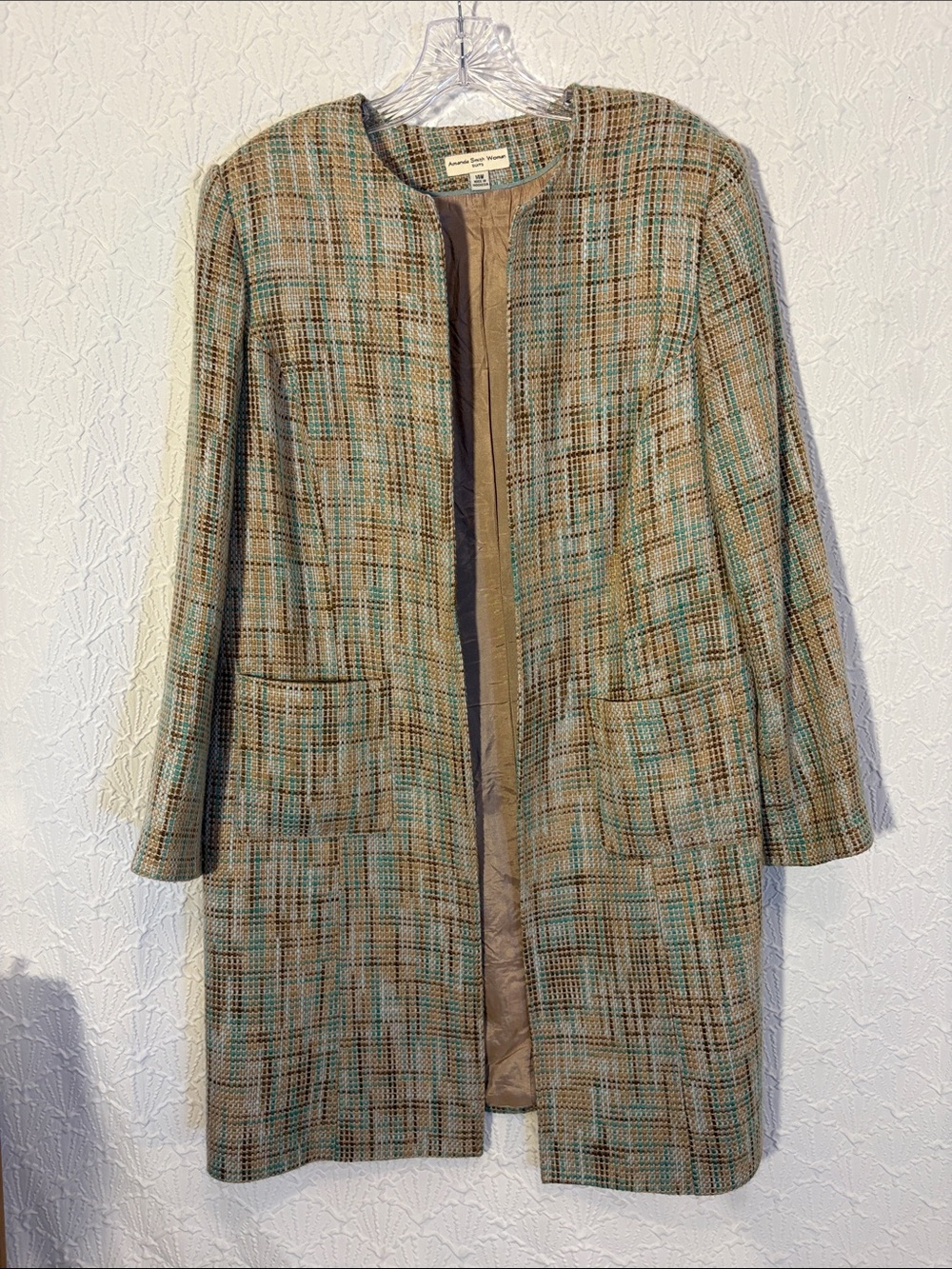 Amanda Smith Beige and Teal Plaid Tweed Long Coat Fall Streetwear